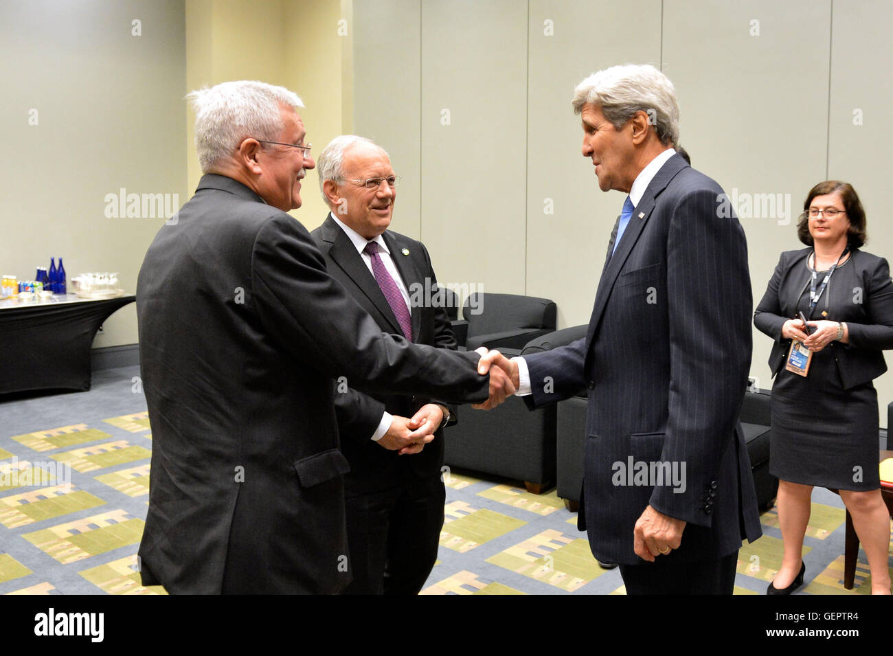 Secretary Kerry Greets Swiss Ambassador Dahinden Before His Meeting With Swiss President Schneider-Ammann at the 2016 Nuclear Security Summit in Washington Stock Photo