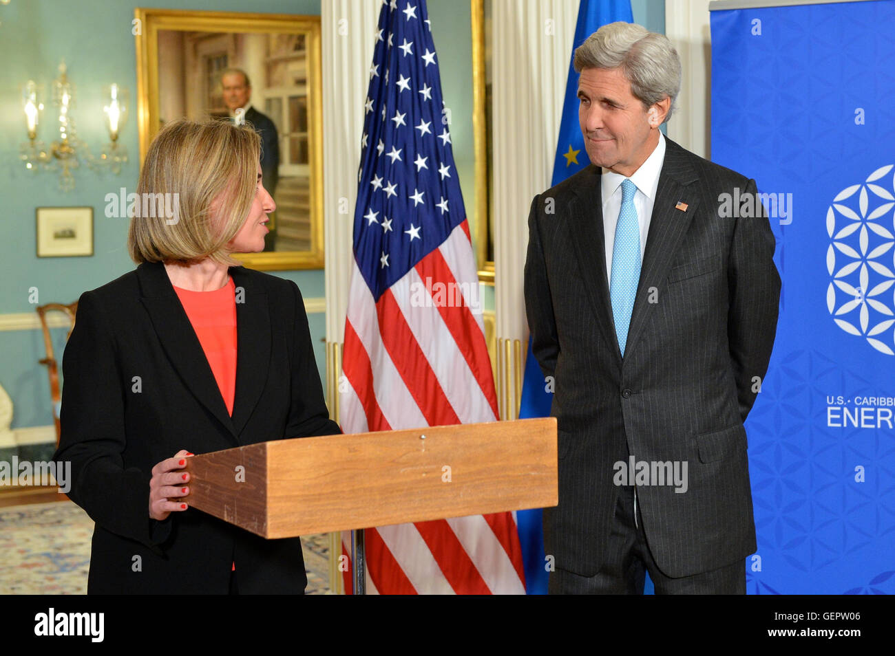 Secretary Kerry Listens as EU High Representative Mogherini Adresses Reporters in Washington Stock Photo