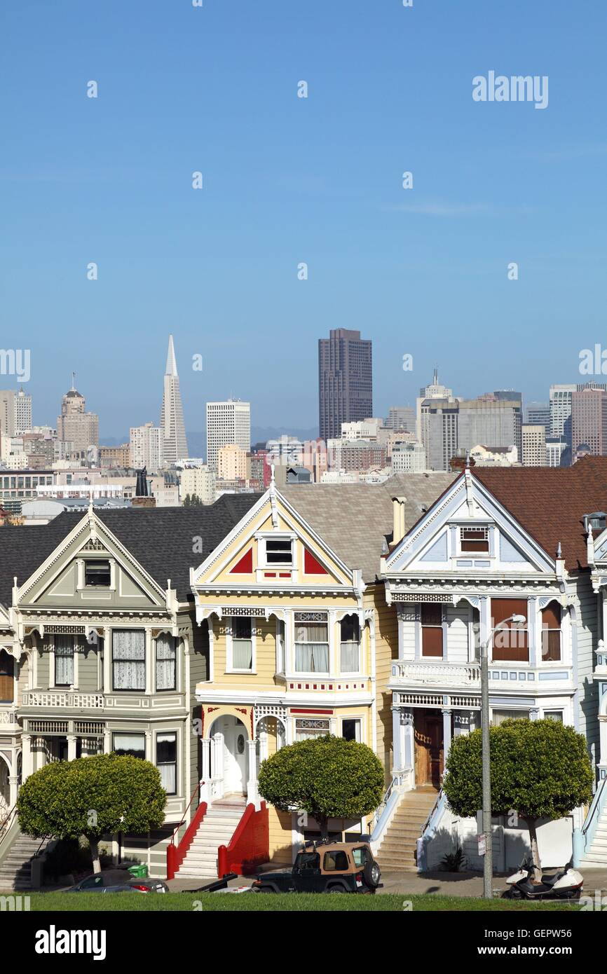 geography / travel, USA, California, Victorian era house (Painted Ladies), Alamo Square, downtown, San Francisco, Stock Photo