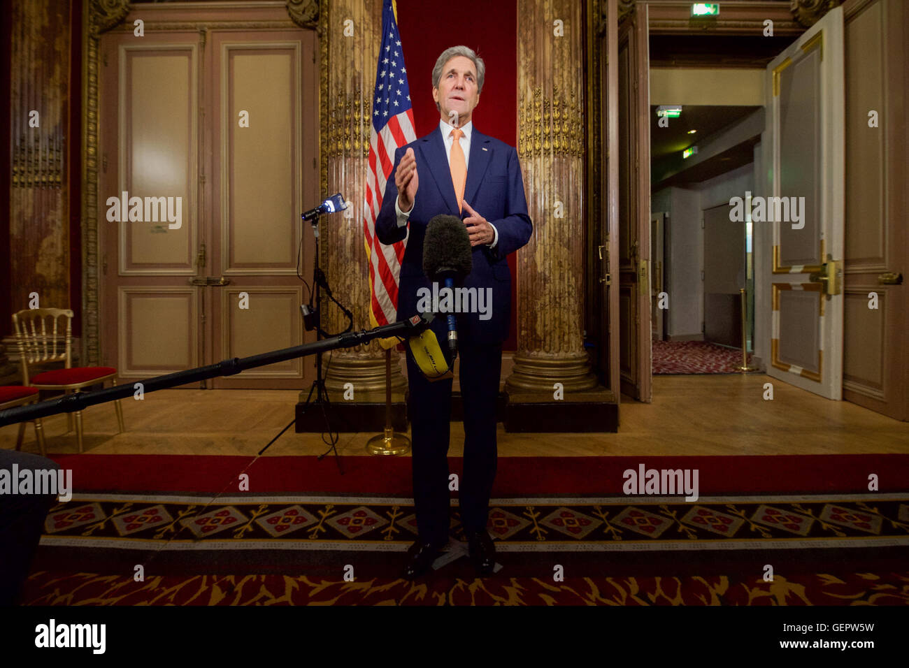 Secretary Kerry Marks the One-Year Anniversary of the Iranian Nuclear Agreement Stock Photo
