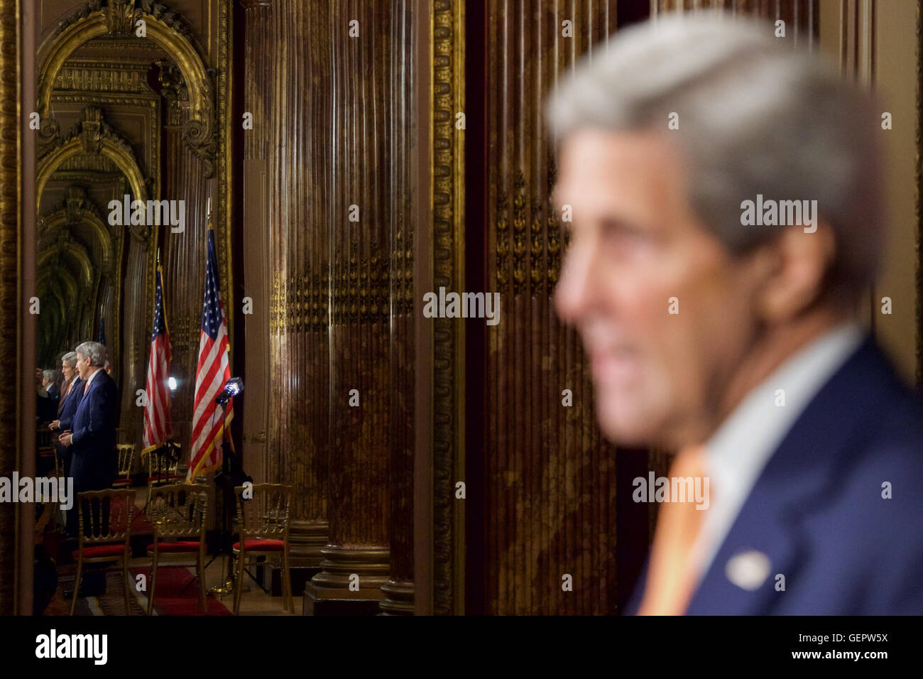 Secretary Kerry Marks the One-Year Anniversary of the Iranian Nuclear Agreement Stock Photo