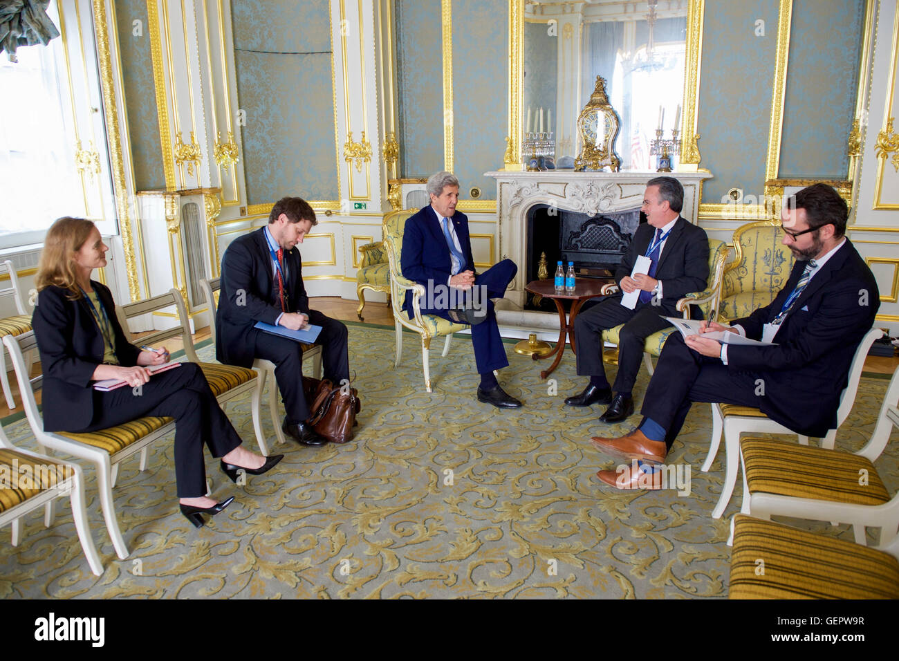 Secretary Kerry Meets With Mexican Undersecretary Ruiz Cabañas and Mexican Ambassador to the U.K. Gomez Pickering on the Sidelines of the Anti-Corruption Summit in London Stock Photo