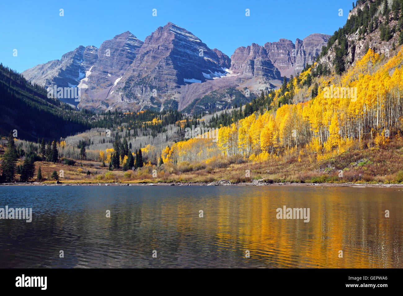 geography / travel, USA, Colorado, Maroon Bells and Lake, reflection ...