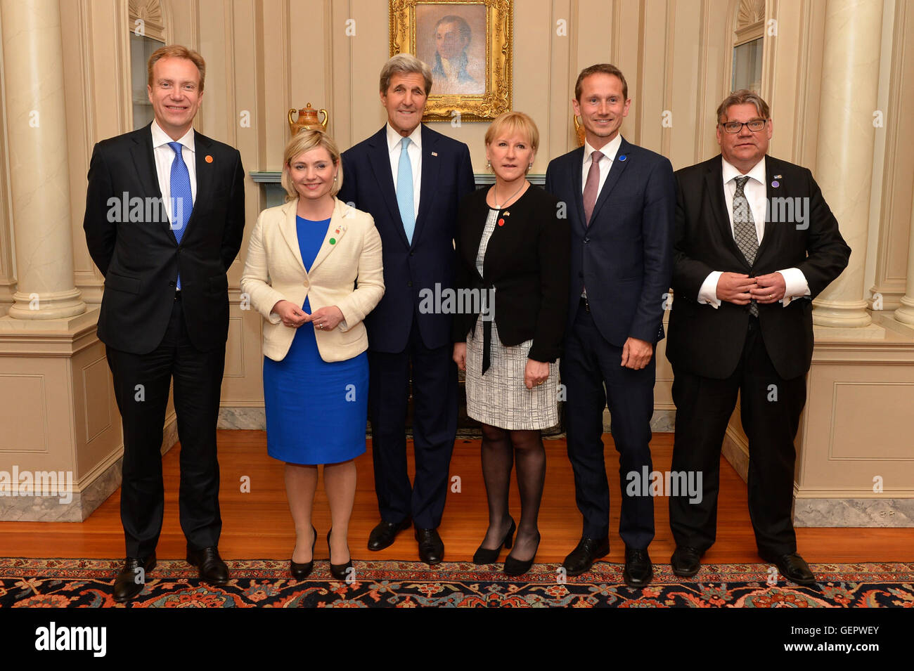 Secretary Kerry Poses for a Photo With Nordic Foreign Ministers Prior to Their Meeting on the Margins of the U.S.-Nordic Leaders' Summit in Washington Stock Photo