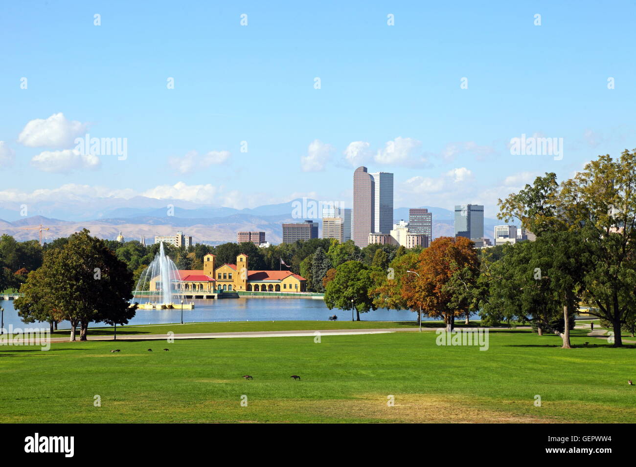 geography / travel, USA, Colorado, Denver City Park, Duck Lake, skyline