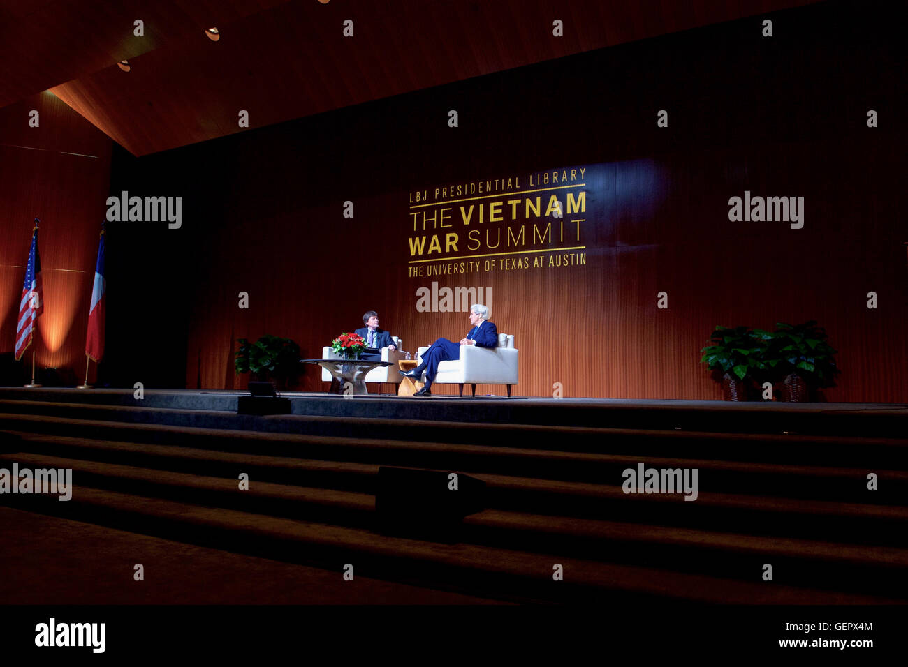 Secretary Kerry Speaks With Historian and Filmmaker Ken Burns About the Past and Future of the U.S.-Vietnam Relationship at the Vietnam War Summit in Austin Stock Photo