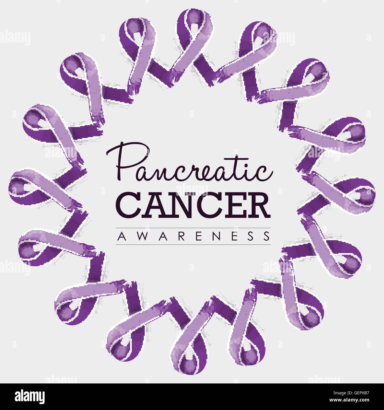 Pancreatic cancer awareness typography design with mandala made of purple hand drawn ribbons. EPS10 vector. Stock Vector