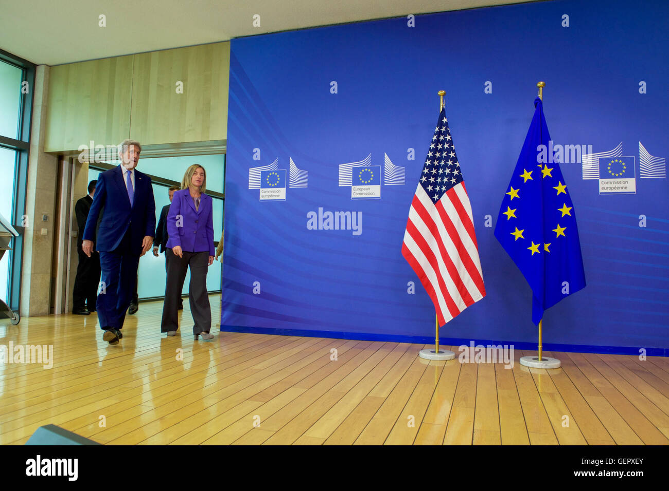 Secretary Kerry Walks With EU High Representative Mogherini Before Their Meeting in Brussels Stock Photo