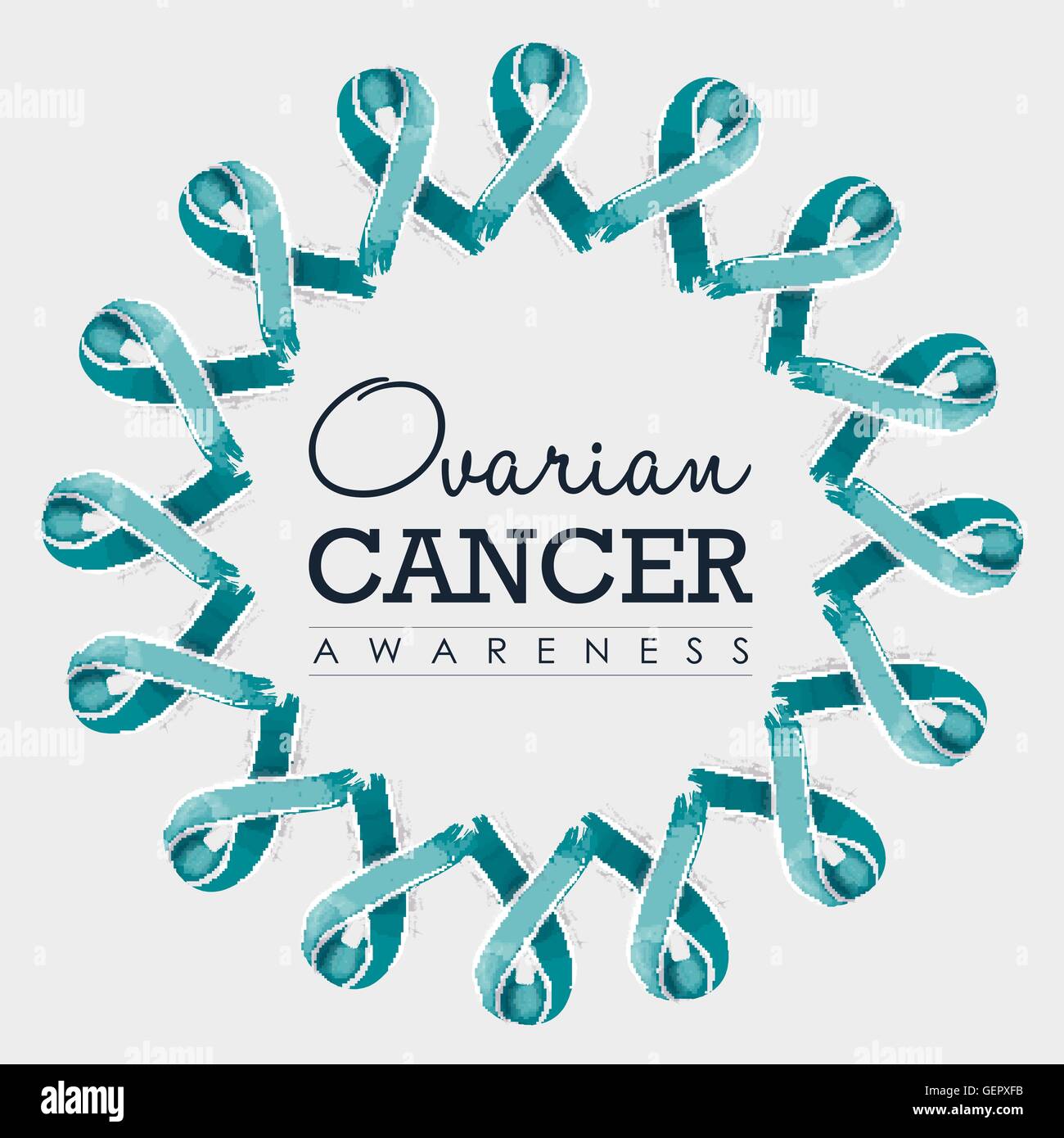 Ovarian cancer awareness typography design with mandala made of blue teal hand drawn ribbons. EPS10 vector. Stock Vector