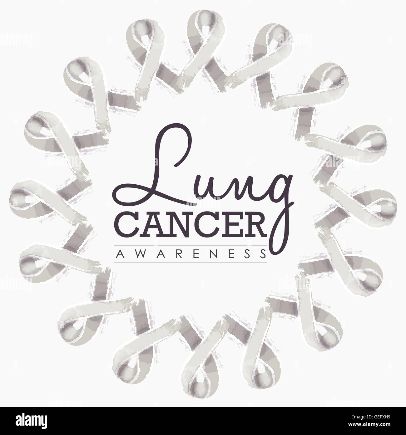Lung cancer awareness typography design with mandala made of white hand drawn ribbons. EPS10 vector. Stock Vector