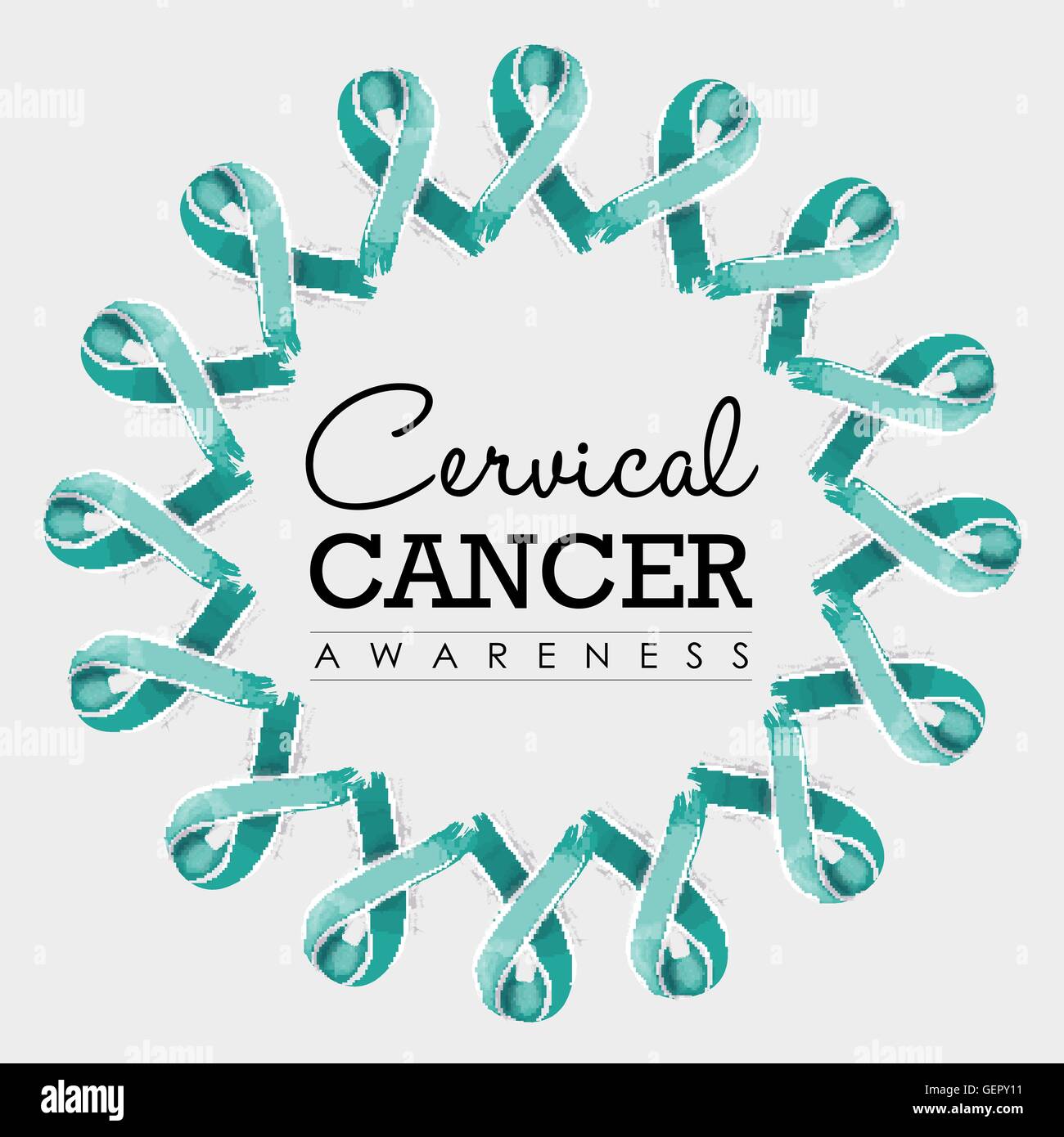 Cervical cancer awareness typography design with mandala made of blue teal hand drawn ribbons. EPS10 vector. Stock Vector