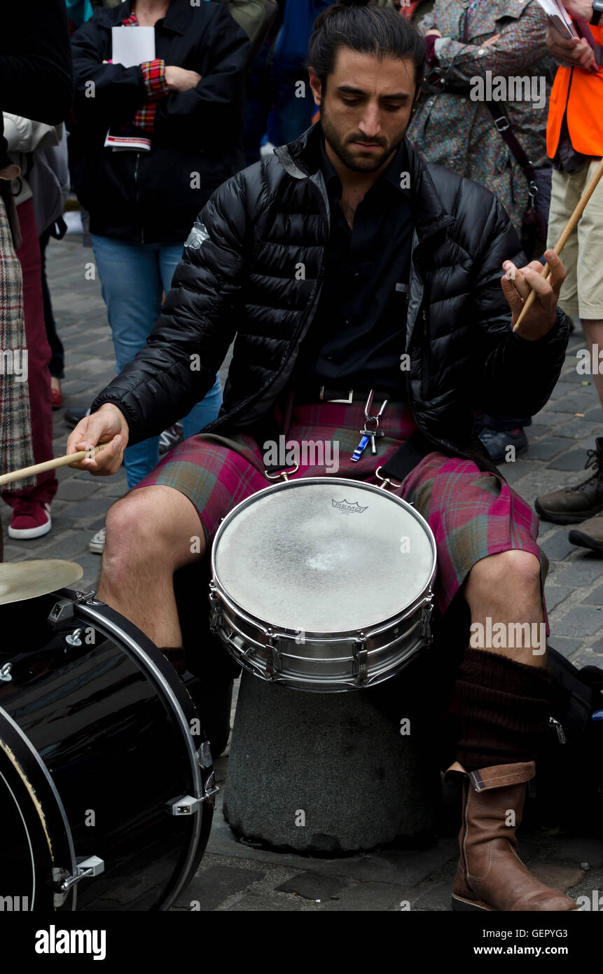 Josh Marotta, the drummer with the New Orleans Swamp Donkeys playing at the Mardi Gras, part of the Edinburgh Jazz Festival. Stock Photo