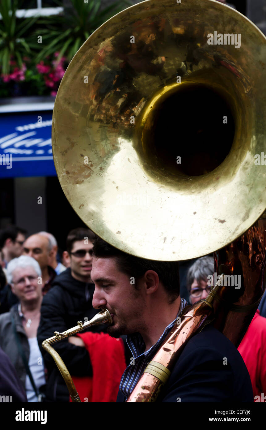 The sousaphone player with the New Orleans Swamp Donkeys playing at the