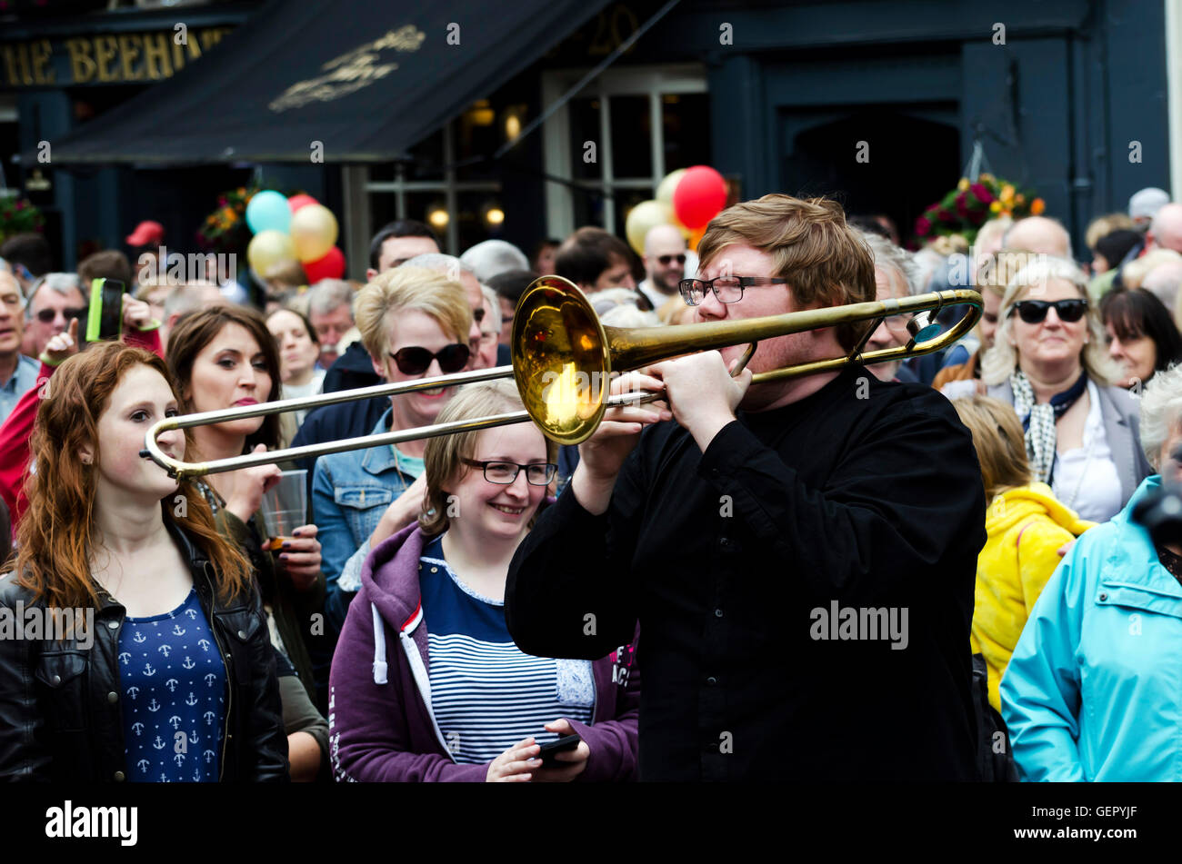Miles Lyons, the trombonist with the New Orleans Swamp Donkeys playing at the Mardi Gras, part of the Edinburgh Jazz Festival. Stock Photo