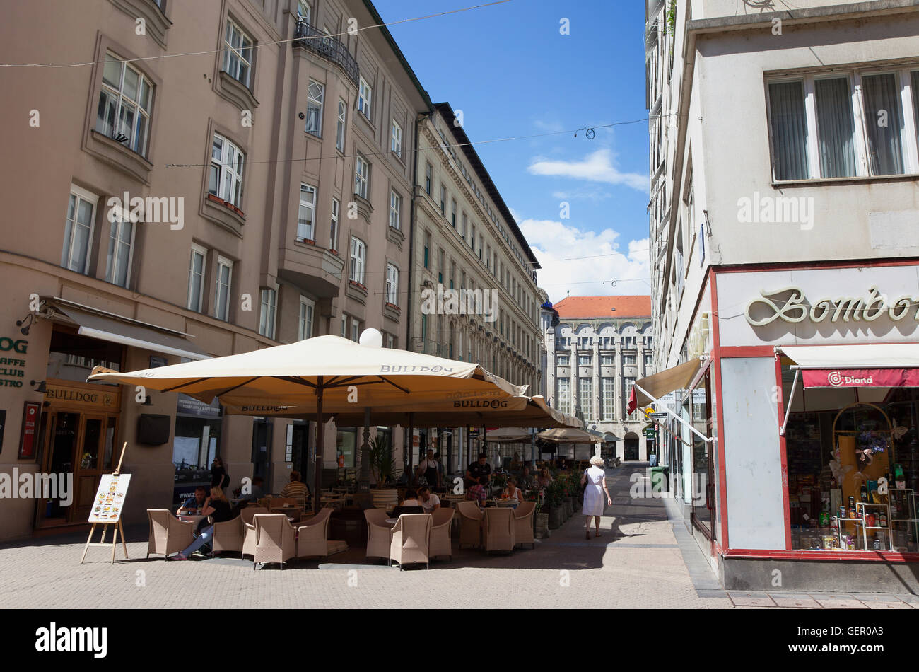 Croatia, Zagreb, Old town, Cafe outdoor seating on Frana Petrica street. Stock Photo