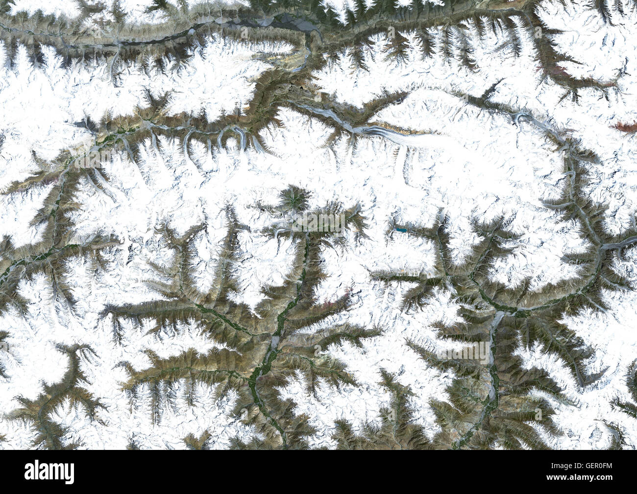 Colour satellite image of mountainous area in North Pakistan. Image taken on May 1st, 2014 by Landsat 8 satellite. Stock Photo