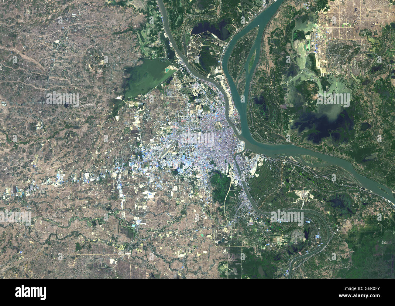 Colour satellite image of Phnom Penh, Cambodia. This image was taken on January 15, 2015 by Landsat 8 satellite. Stock Photo