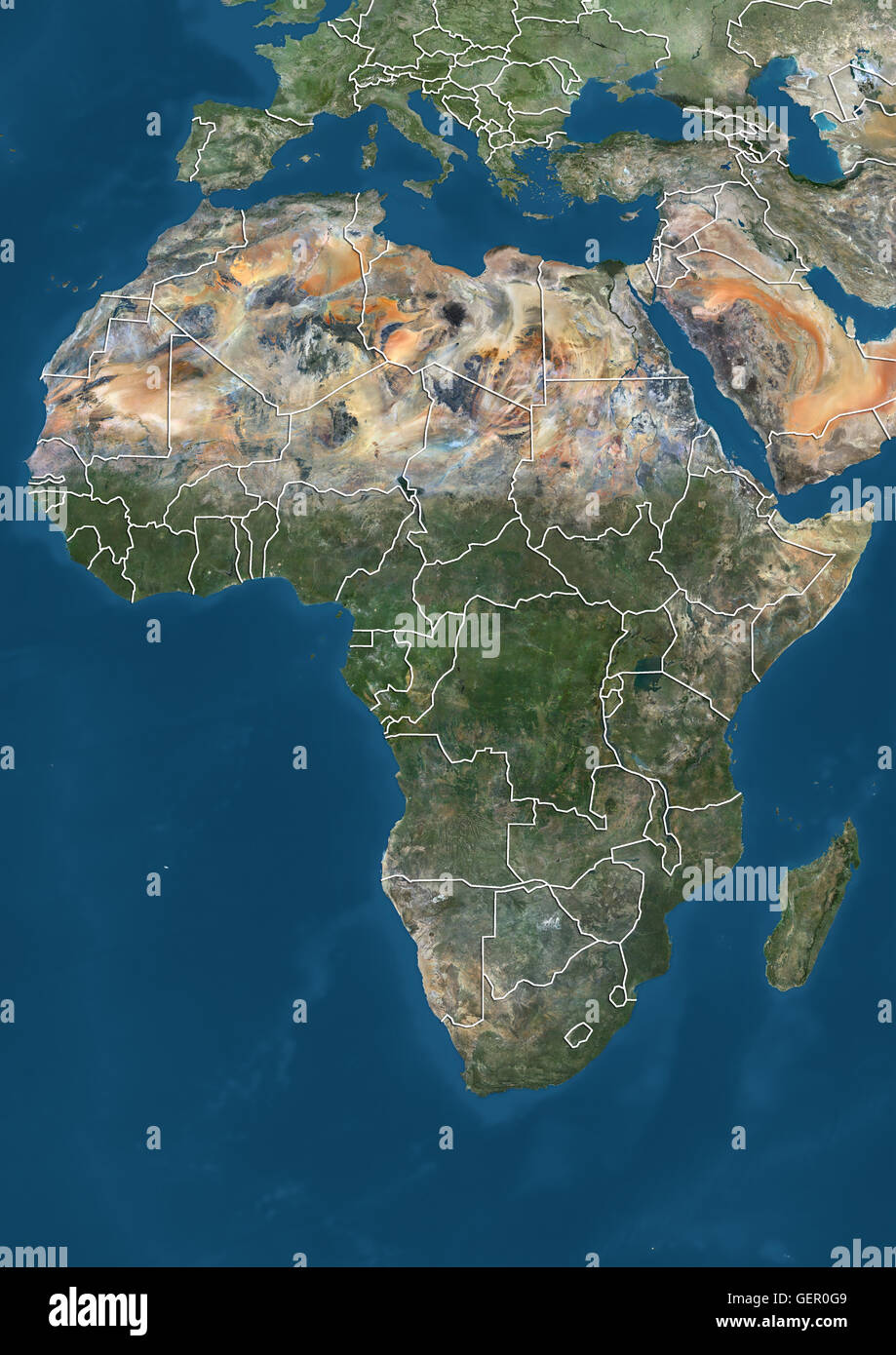 Satellite view of Africa (with country boundaries). This image was compiled from data acquired by Landsat 7 & 8 satellites. Stock Photo