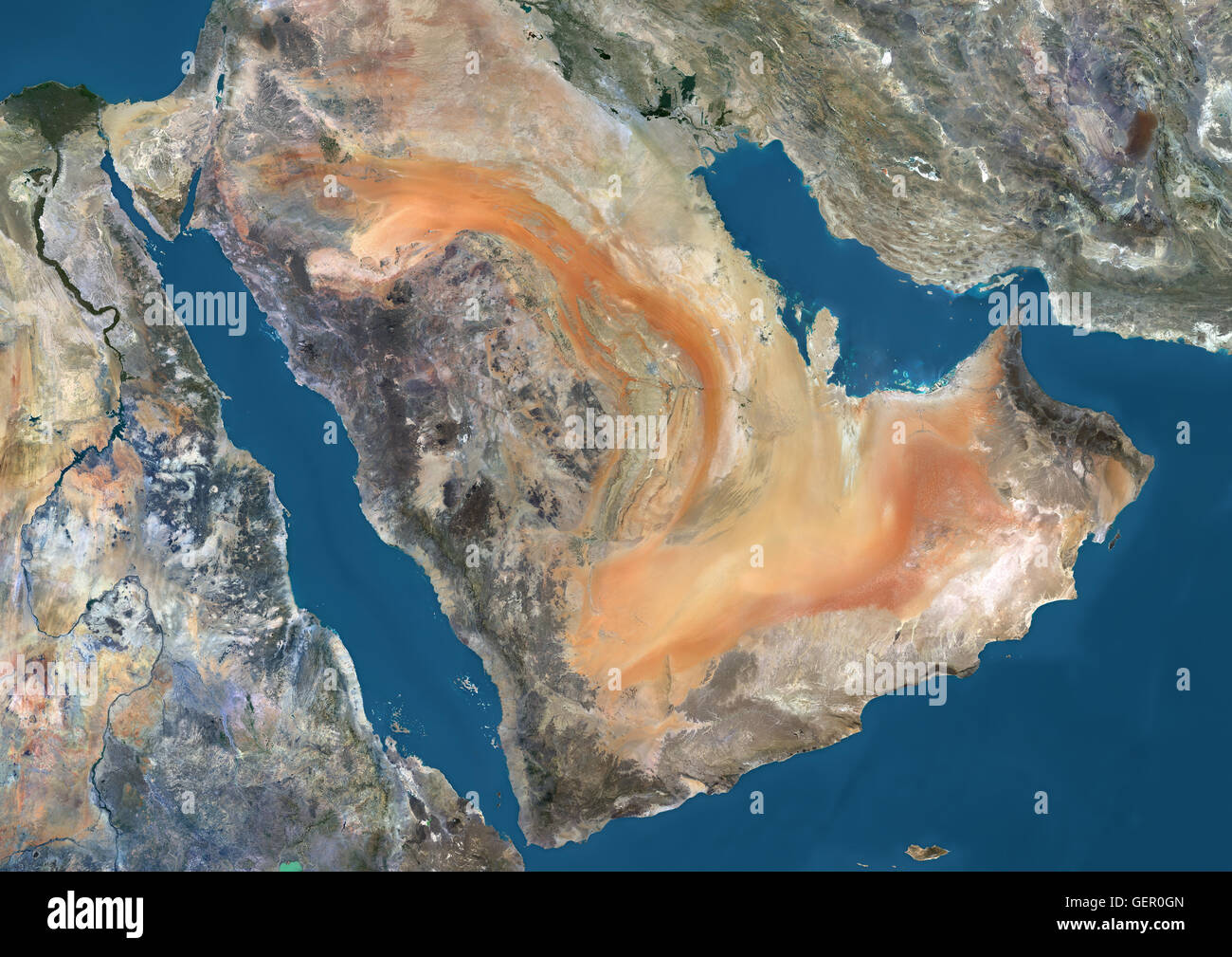 Satellite view of the Arabian Peninsula. This image was compiled from data acquired in 2014 by Landsat 8 satellite. Stock Photo