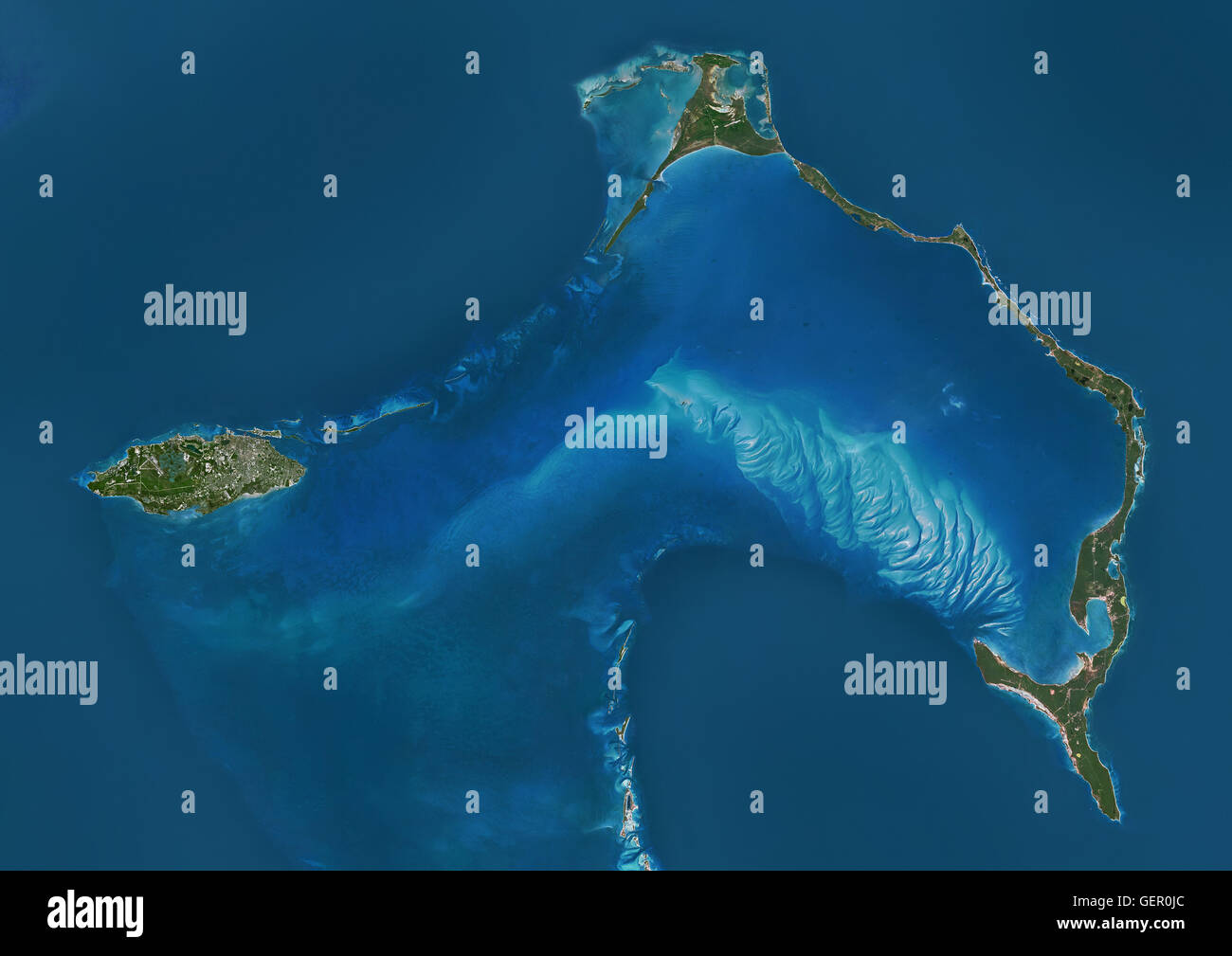 Satellite view of New Providence and Eleuthera Island, Bahamas. New Providence is the most