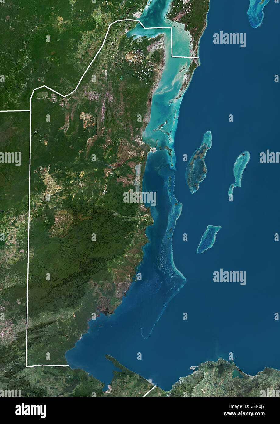 Satellite view of Belize (with country boundaries). The image shows the