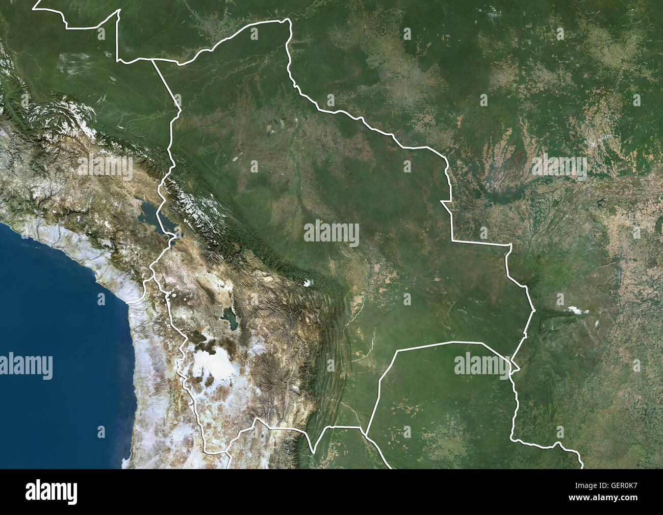 Satellite view of Bolivia (with country boundaries). This image was compiled from data acquired by Landsat satellites. Stock Photo