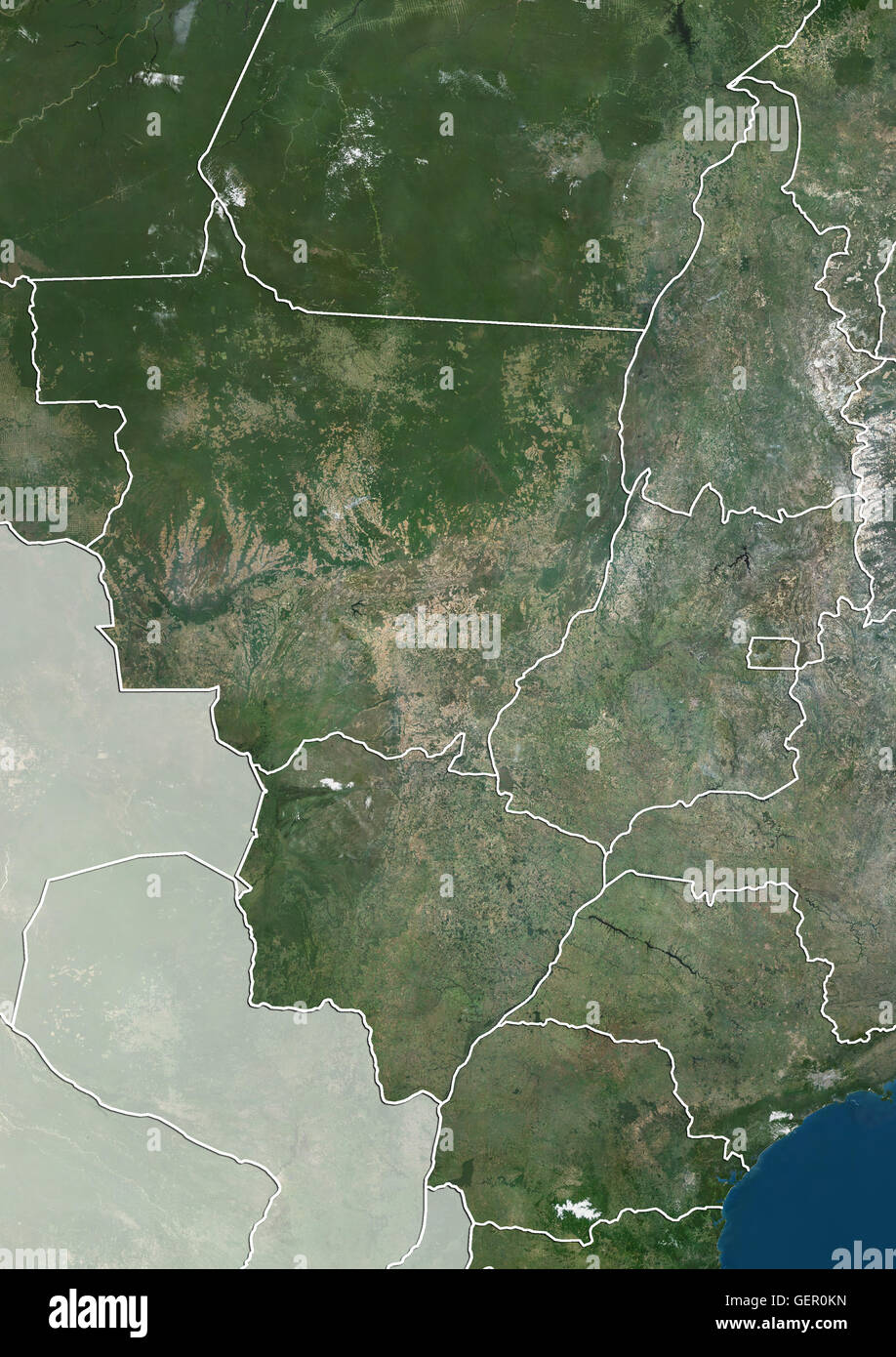 Satellite view of the Central-West Region of Brazil (with administrative boundaries and mask). It is composed of the states of Goias, Mato Grosso and Mato Grosso do Sul, along with the Federal District. The states of Tocantins, Sao Paulo and Parana are al Stock Photo