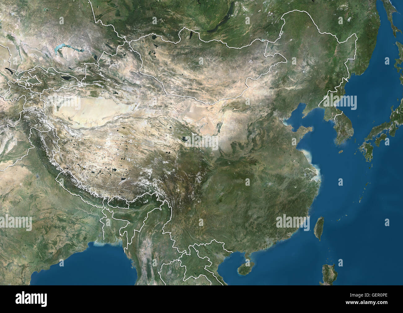 Satellite view of China and Eastern Asia (with country boundaries). This image was compiled from data acquired by Landsat satellites. Stock Photo