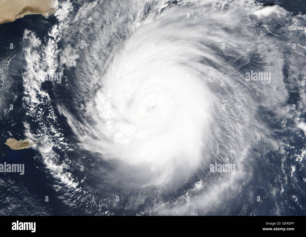 Satellite view of Cyclone Chapala in 2015 that nears the Arabian peninsula. The coast of Oman lies to the north and the island of Socotra to the west. Image taken on October 31, 2015. Stock Photo