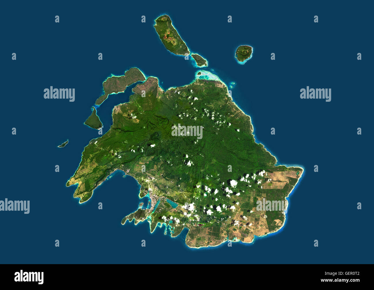 Satellite view of Efate, Vanuatu. It is the most populous island of Vanuatu archipelago. This image was compiled from data acquired by Landsat 8 satellite in 2014. Stock Photo