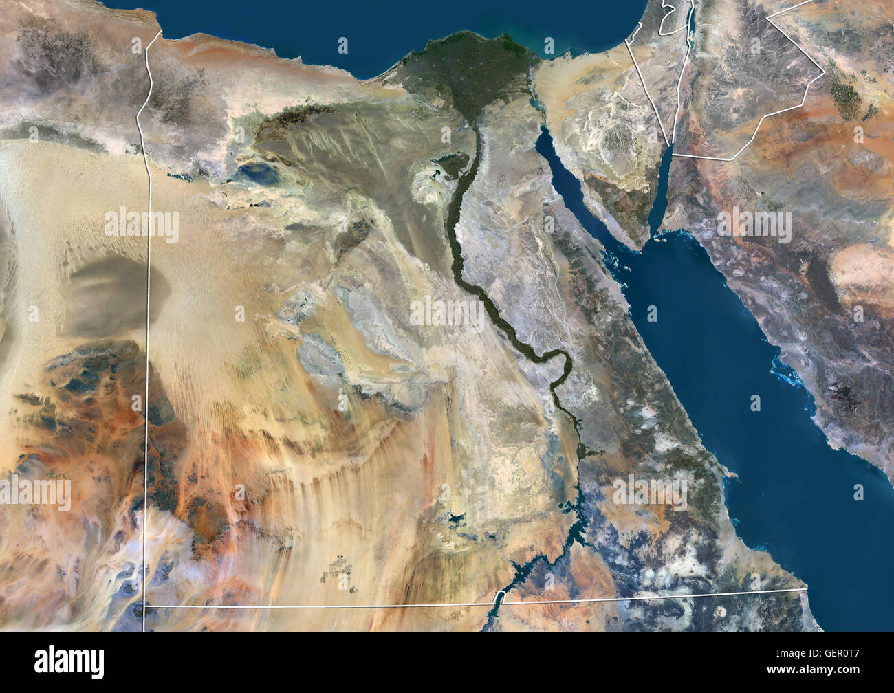 Satellite view of Egypt (with country boundaries). This image was compiled from data acquired by Landsat 8 satellite in 2014. Stock Photo