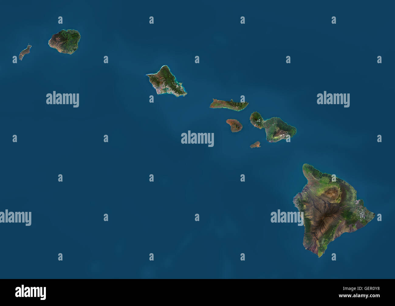 Satellite view of the State of Hawaii, USA. The main islands are Kauai, Oahu, Maui and the Island of Hawaii. This image was compiled from data acquired by Landsat 8 satellite in 2014. Stock Photo