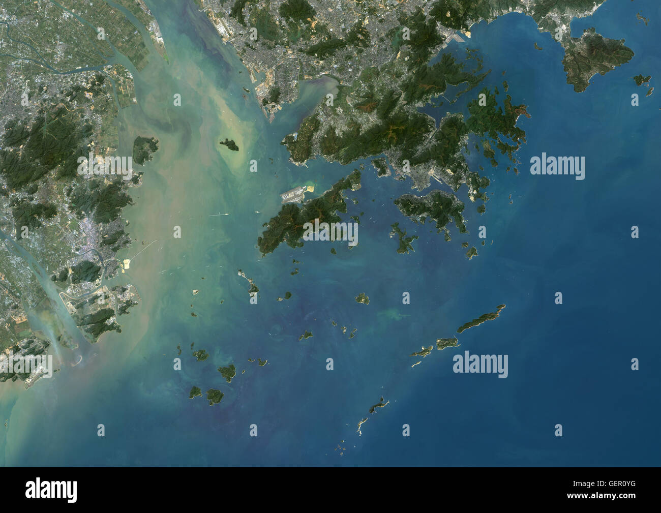 Satellite view of Hong Kong and Macau. This image was compiled from data acquired by Landsat 8 satellite in 2015. Stock Photo