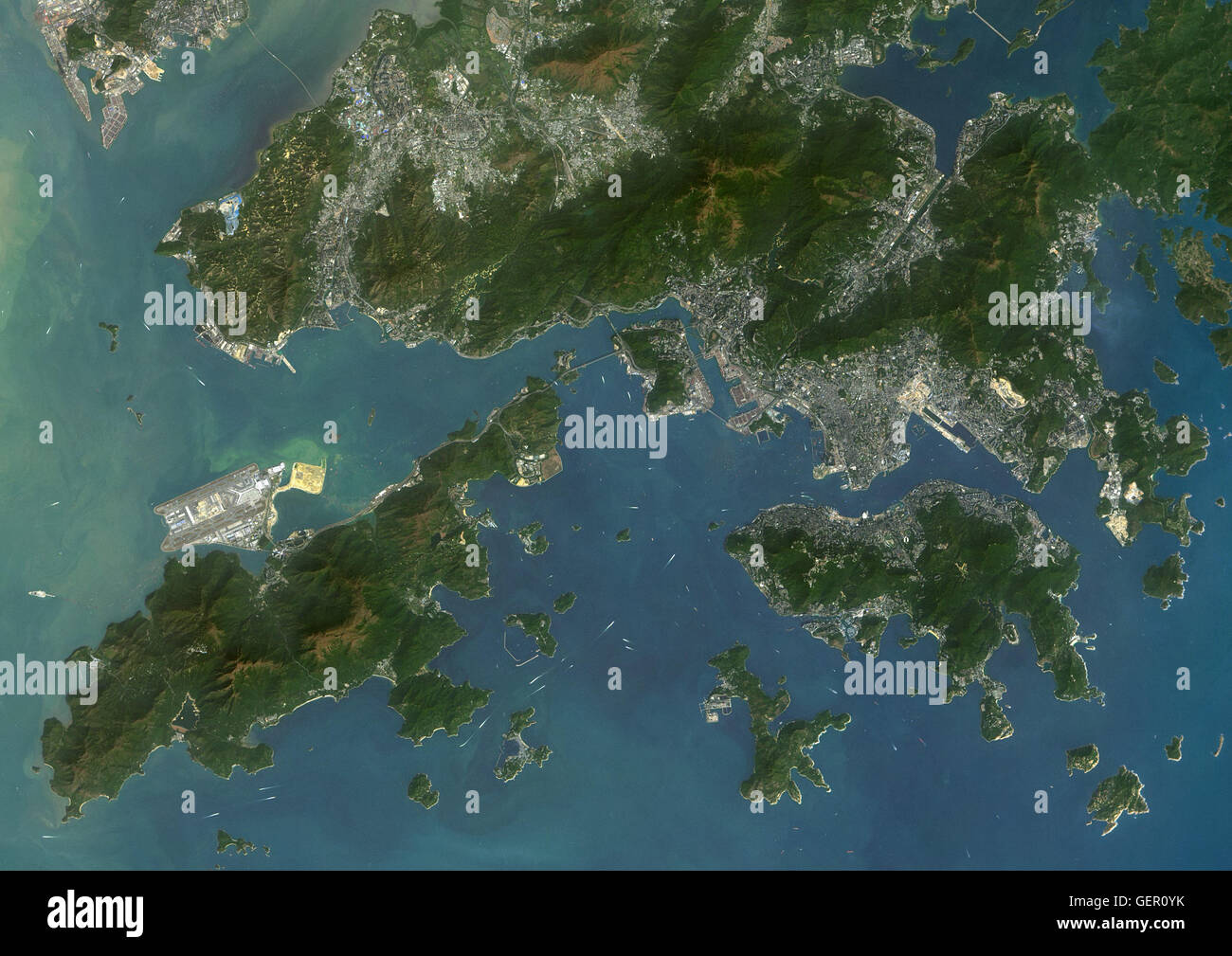Satellite view of Hong Kong. This image was compiled from data acquired by Landsat 8 satellite in 2015. Stock Photo