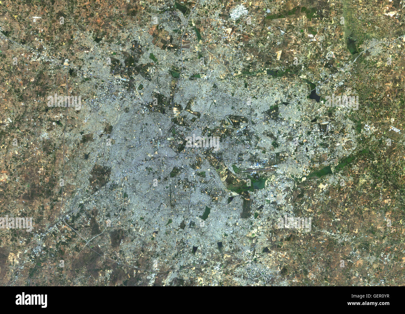 Satellite view of Bangalore, India. It is the capital of the Indian state of Karnataka. This image was compiled from data acquired in 2014 by Landsat 8 satellite. Stock Photo