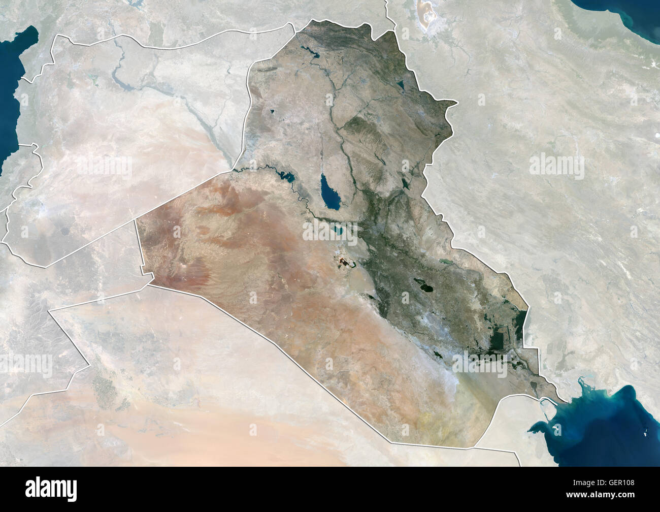 Satellite view of Iraq (with country boundaries and mask). This image was compiled from data acquired by Landsat 8 satellite in 2014. Stock Photo