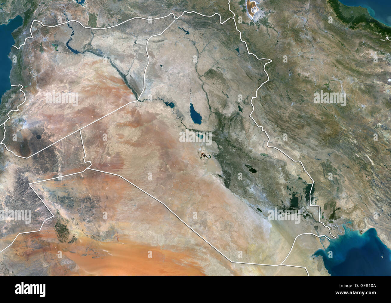 Satellite view of Iraq and Syria (with country boundaries). This image was compiled from data acquired by Landsat 8 satellite in 2014. Stock Photo
