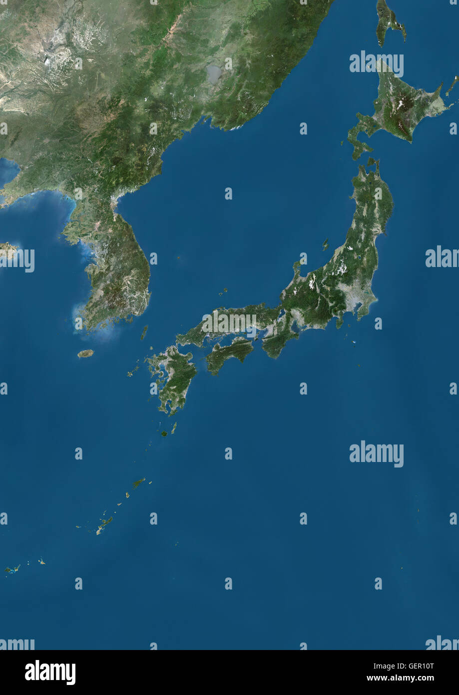 Satellite view of Japan and Korean Peninsula. This image was compiled from data acquired by Landsat satellites. Stock Photo