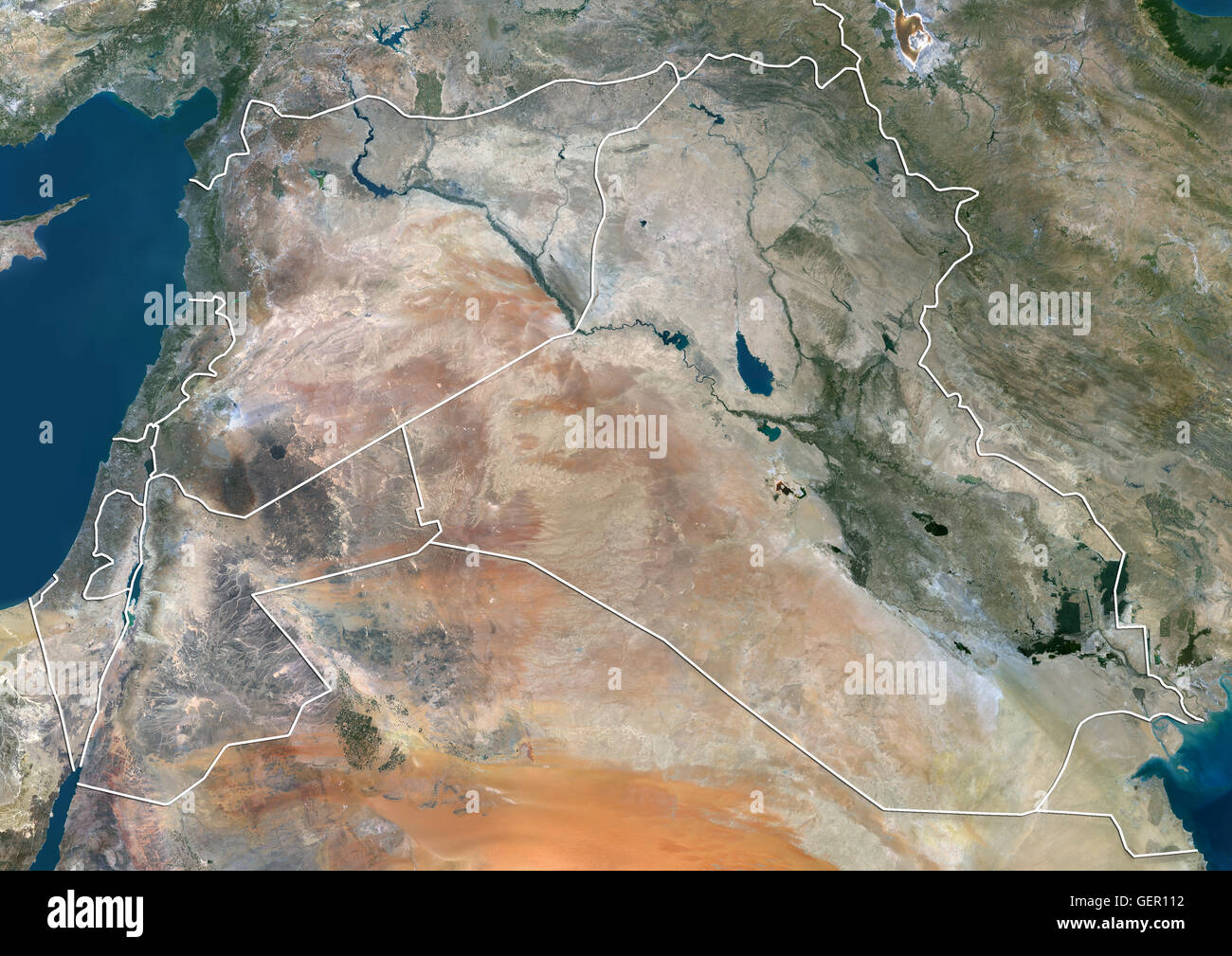 Satellite view of Syria, Iraq and Jordan (with country boundaries). This image was compiled from data acquired in 2014 by Landsat 8 satellite. Stock Photo