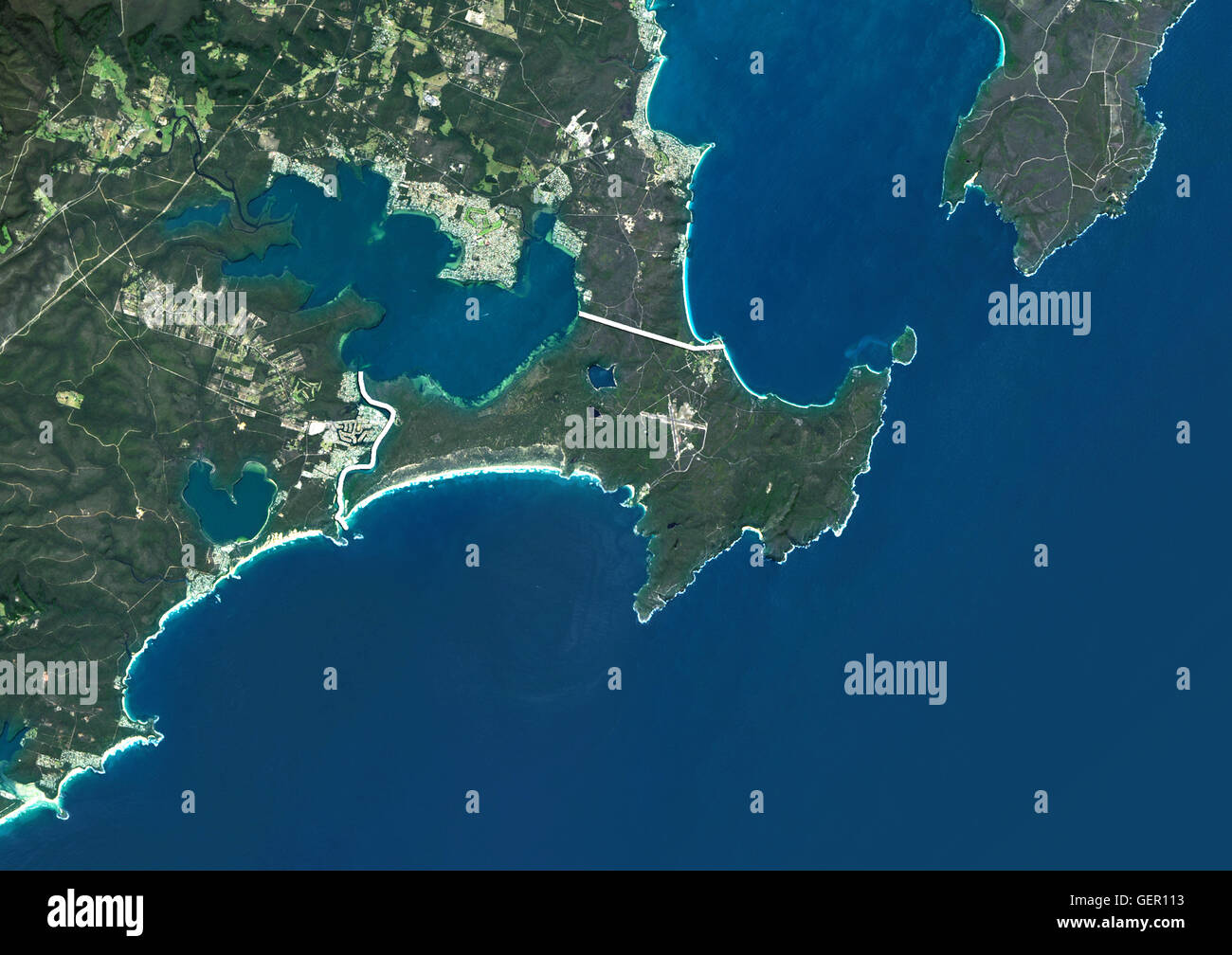 Satellite view of Jervis Bay Territory, Australia (with administrative boundaries). This image was compiled from data acquired by Landsat 8 satellite in 2014. Stock Photo