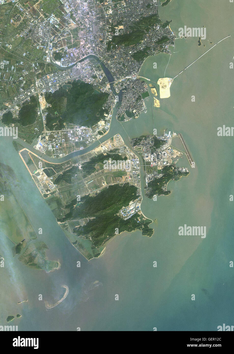 Satellite view of Macau. This image was compiled from data acquired by Landsat 8 satellite in 2015. Stock Photo