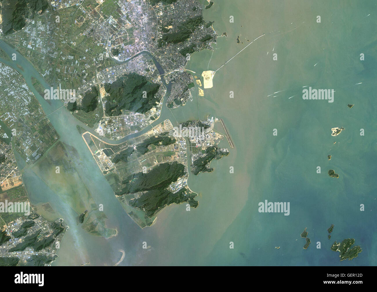 Satellite view of Macau. This image was compiled from data acquired by Landsat 8 satellite in 2015. Stock Photo