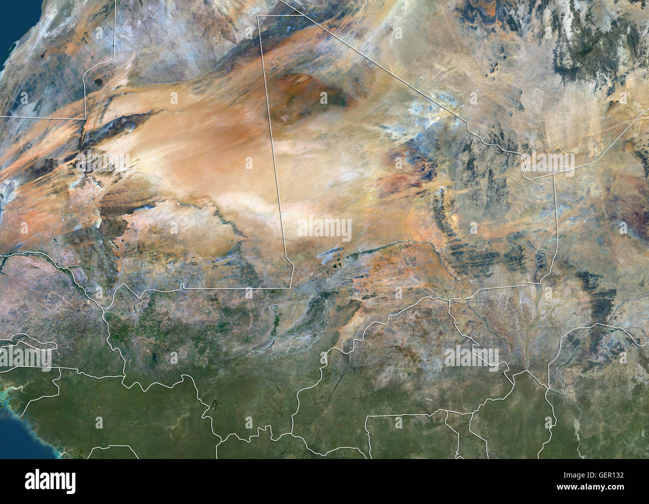 Satellite view of Mali (with country boundaries). This image was compiled from data acquired by Landsat 8 satellite in 2014. Stock Photo