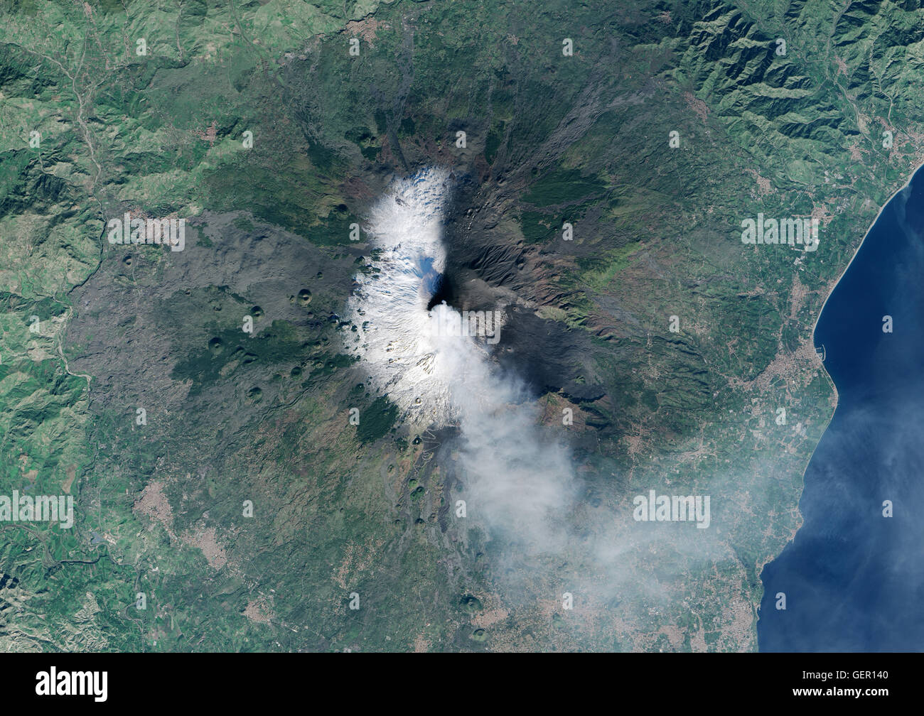 Satellite view of Eruption at Mount Etna, Sicily. This image was taken on December 3, 2015 by Landsat 8 satellite. Stock Photo