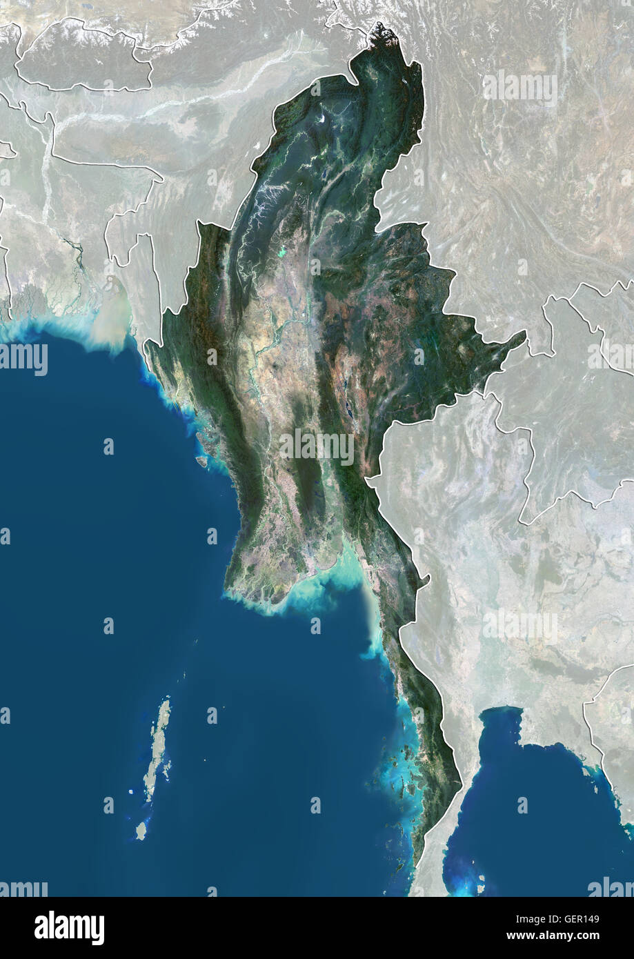 Satellite view of Myanmar (with country boundaries and mask). This image was compiled from data acquired by Landsat 8 satellite in 2014. Stock Photo
