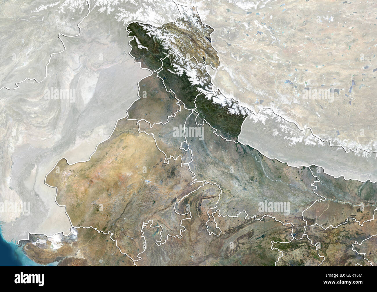 Satellite view of North India (with administrative boundaries and mask). This image was compiled from data acquired by Landsat 8 satellite in 2014. Stock Photo