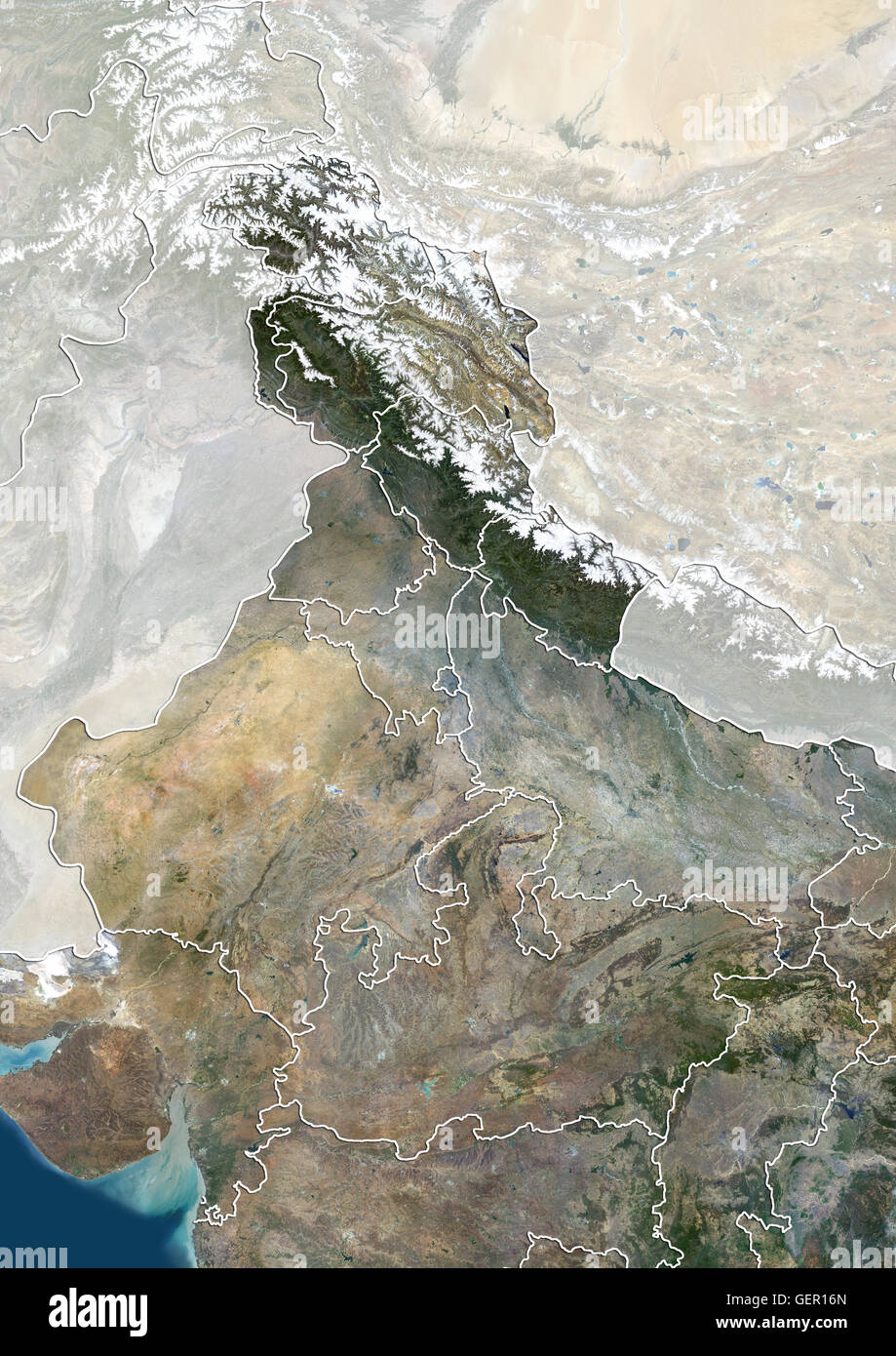Satellite view of North India with administrative boundaries and mask, including boundaries of Jammu and Kashmir disputed areas. This image was compiled from data acquired by Landsat 8 satellite in 2014. Stock Photo