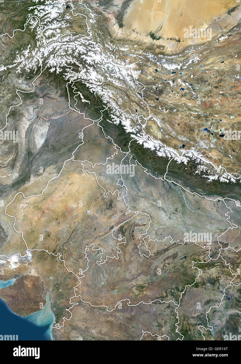 Satellite view of North India with administrative boundaries, including boundaries of Jammu and Kashmir disputed areas. This image was compiled from data acquired by Landsat 8 satellite in 2014. Stock Photo