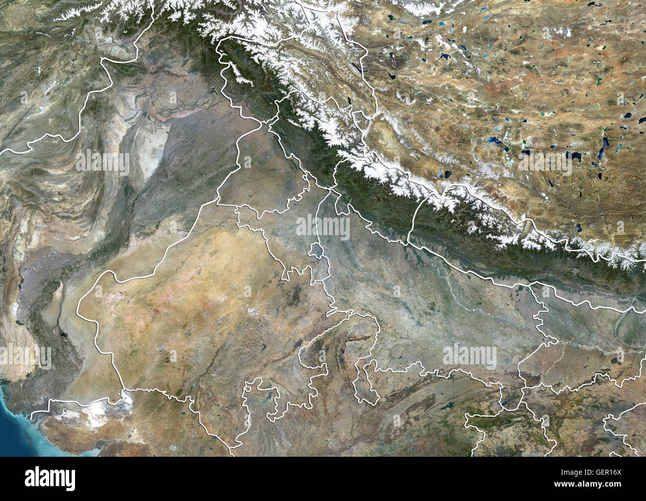 Satellite view of North India (with administrative boundaries). This image was compiled from data acquired by Landsat 8 satellite in 2014. Stock Photo