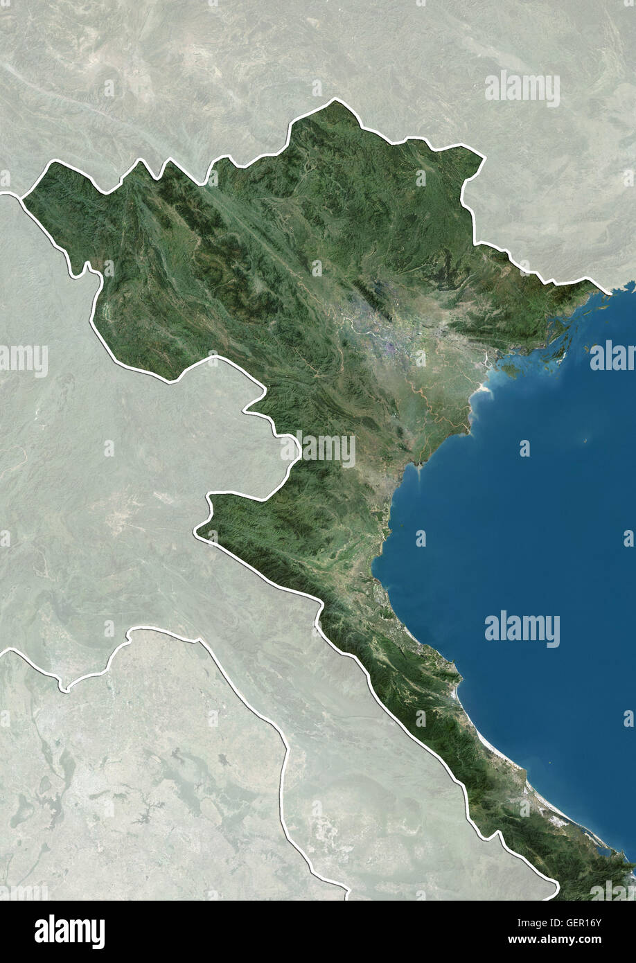 Satellite view of Northern Vietnam (with country boundaries and mask). This image was compiled from data acquired by Landsat satellites. Stock Photo